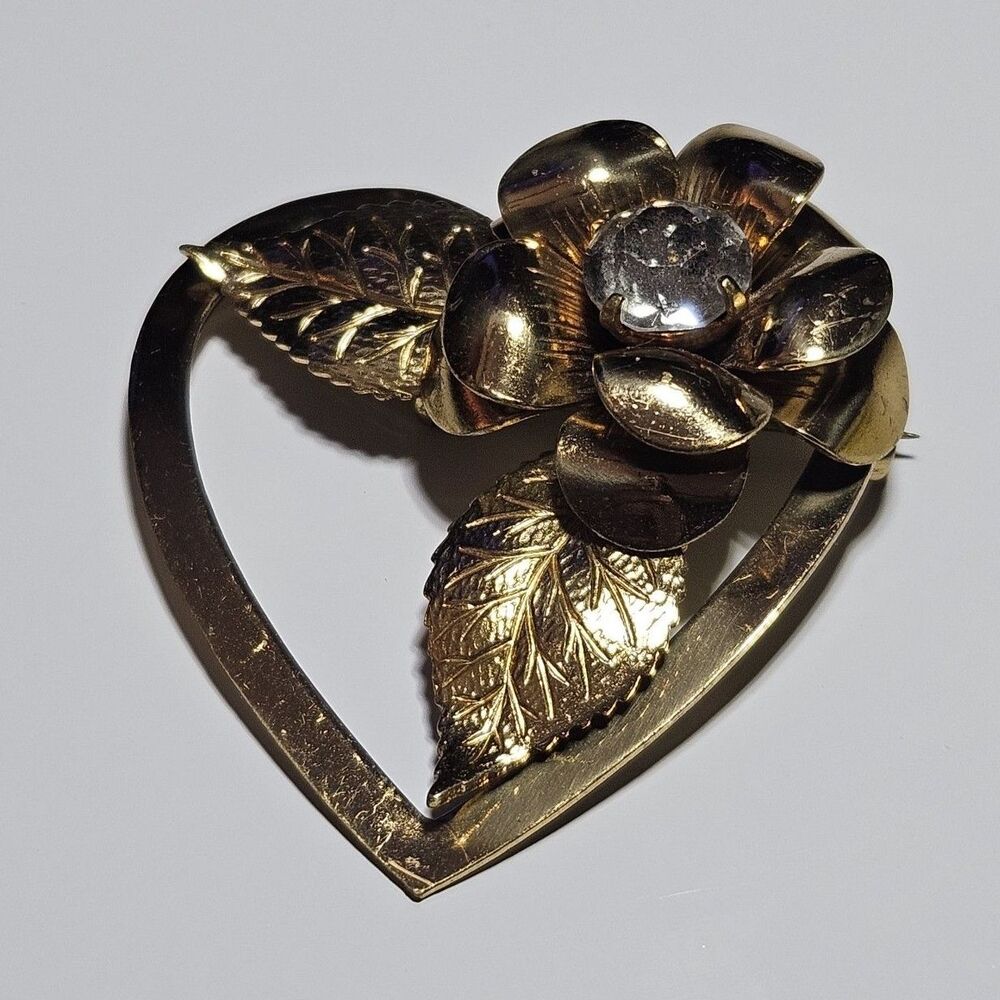 Vintage Coro Pegasus Rhinestone Flower Open Heart Brooch